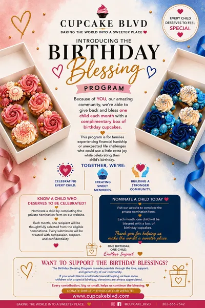 Cupcake Blvd Birthday Blessing Program flyer explaining monthly birthday cupcake nominations and community support