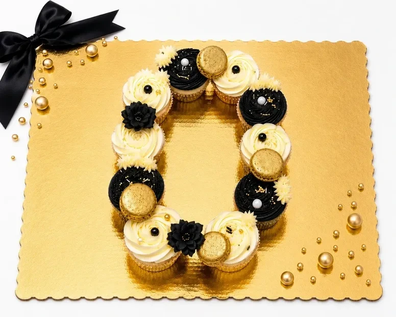 Number 0 pull-apart cupcake cake in black, ivory and gold with macarons and pearl accents