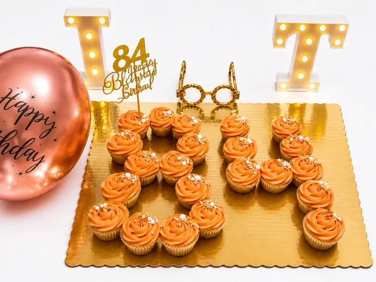 Number 84 pull-apart cupcake cake with orange buttercream, gold accents and birthday decorations