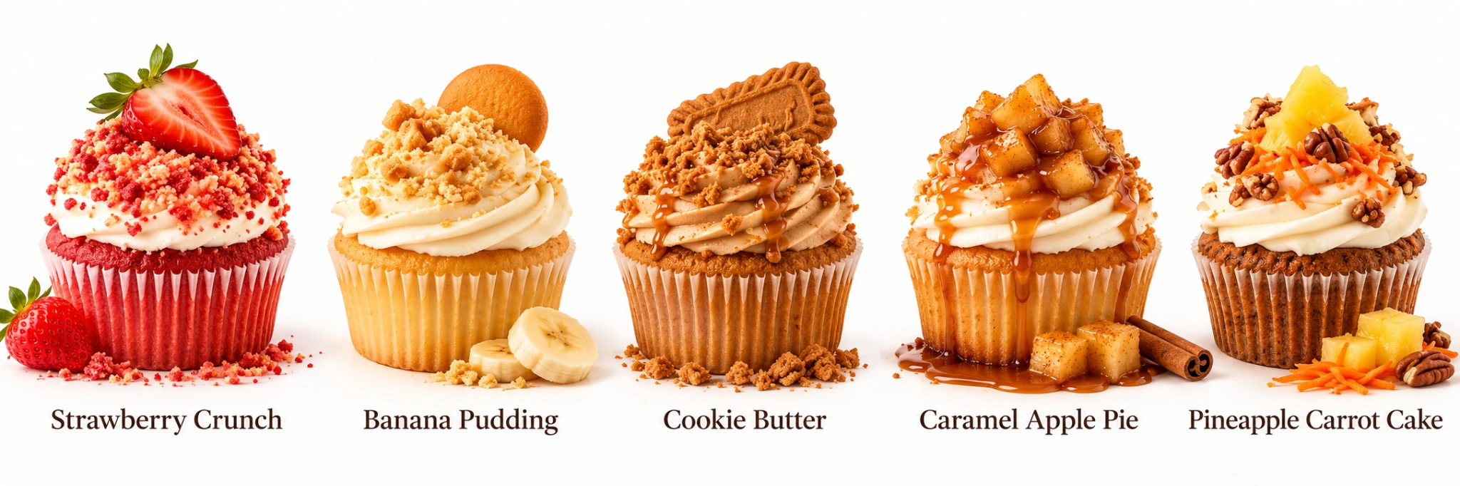 Cupcake Blvd Signature Favorites: Strawberry Crunch, Banana Pudding, Cookie Butter, Caramel Apple Pie and Pineapple Carrot Cake cupcakes